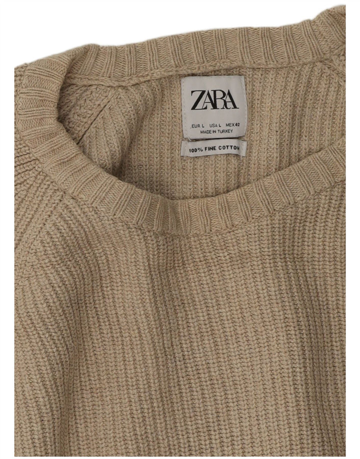 Zara Damen-Pullover mit Rundhalsausschnitt, groß, beige Baumwolle