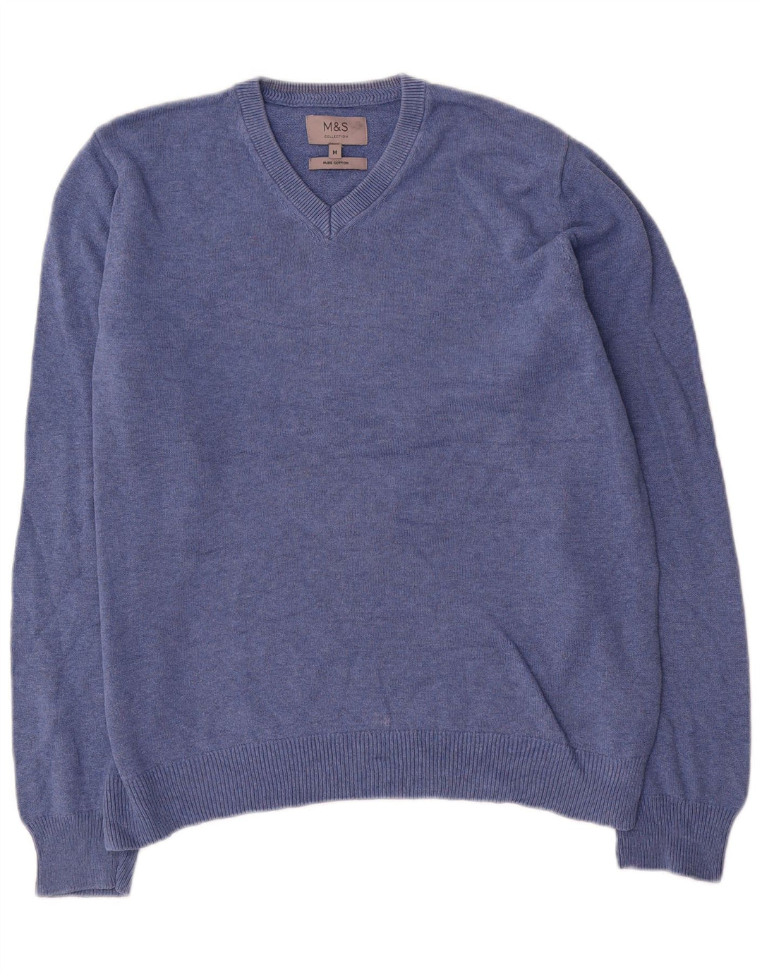 Marks & Spencer Herren-Pullover mit V-Ausschnitt aus mittelblauer Baumwolle