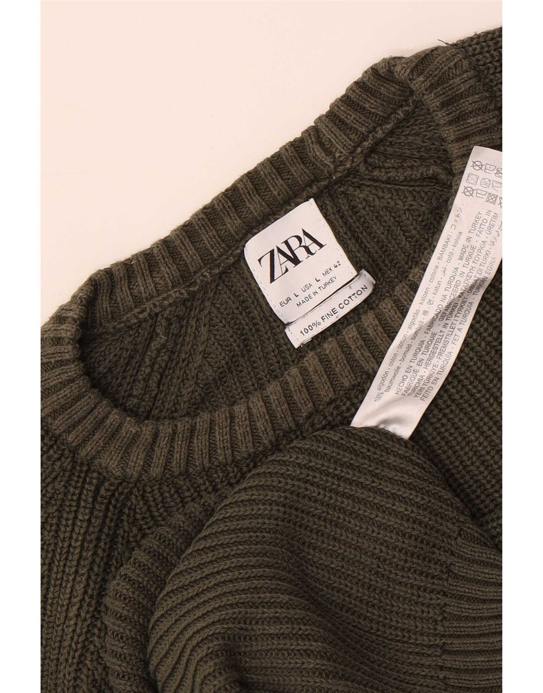Zara Herren-Pullover mit Rundhalsausschnitt, groß, grüne Baumwolle