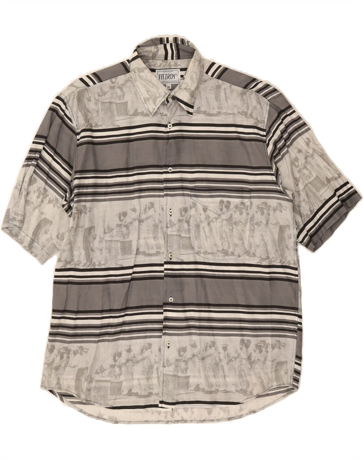 VINTAGE Mens Short Sleeve Shirt Medium Grey Striped Viscose Vintage Vintage and Second-Hand Vintage from Messina Hembry 