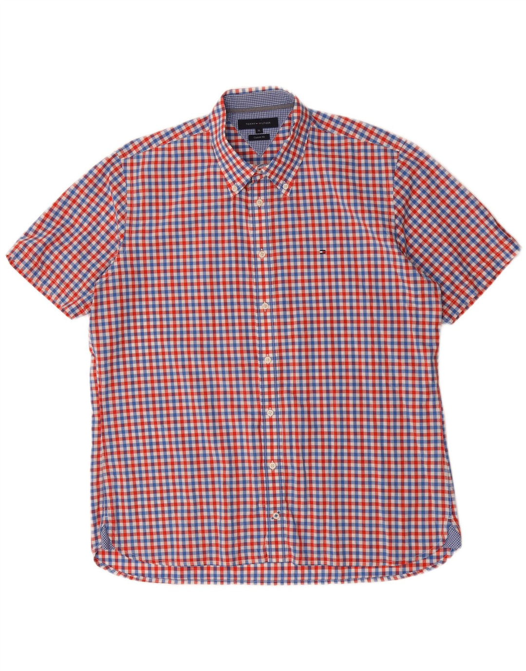 Tommy Hilfiger Herren Kurzarm-Hemd mit individueller Passform, XL, roter Gingham-Karomuster