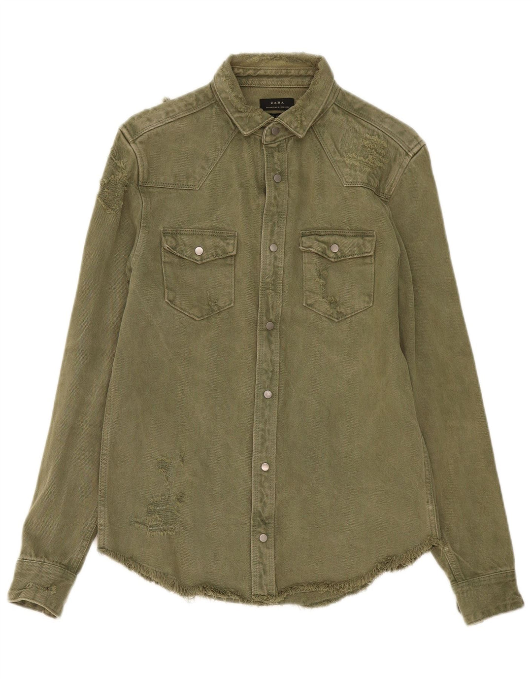 ZARA Herren Jeanshemd im Used-Look, entspannte Passform, klein, Khaki, Baumwolle