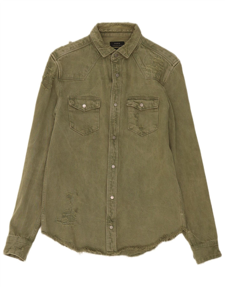 ZARA Herren Jeanshemd im Used-Look, entspannte Passform, klein, Khaki, Baumwolle