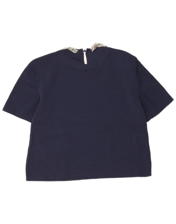 Zara Damen Crop Bluse Top UK 12 Medium Marineblau Viskose