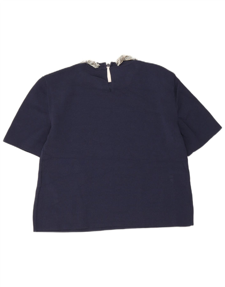 Zara Damen Crop Bluse Top UK 12 Medium Marineblau Viskose