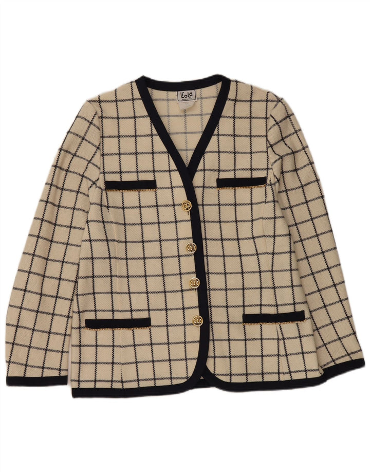 Liola Damen-Strickjacke mit 4 Knöpfen, Gr. 14, große beige karierte Wolle