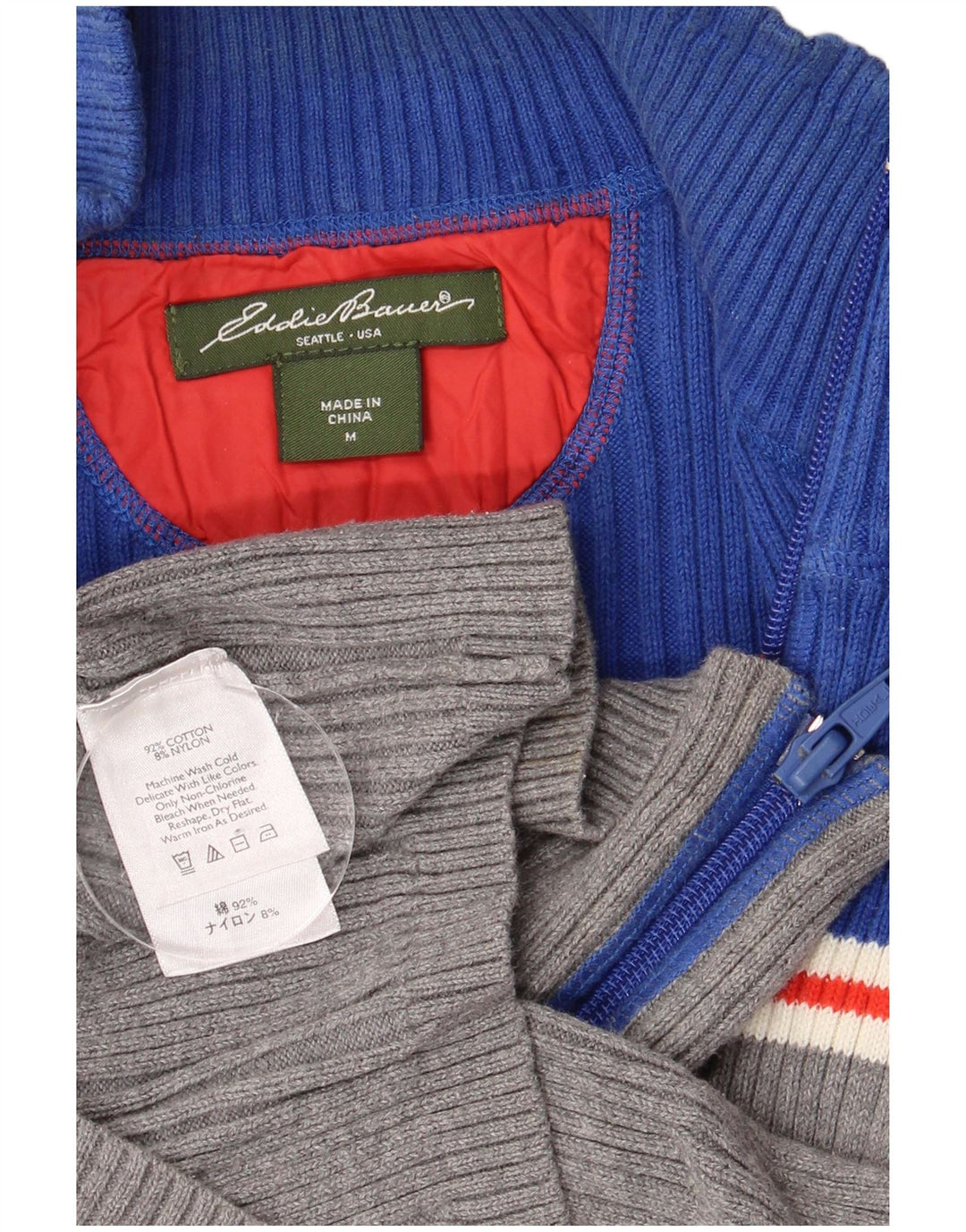 Eddie Bauer Damen-Cardigan-Pullover UK 12 Mittelblaue Colourblock-Baumwolle