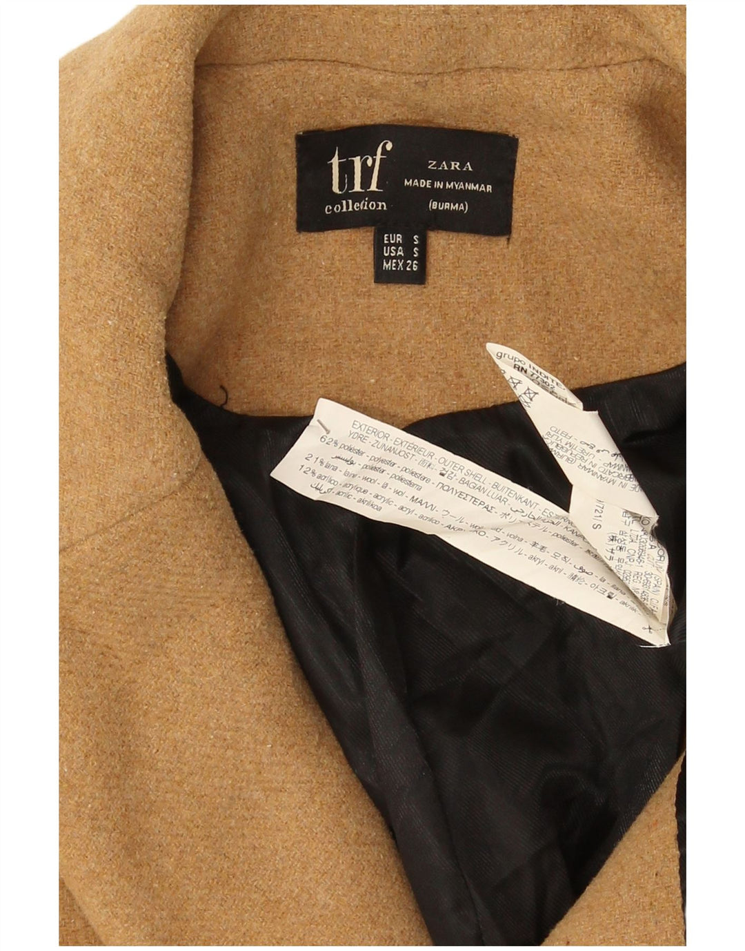 Zara Damen Übergroßer zweireihiger Mantel UK 10 Small Beige Polyester