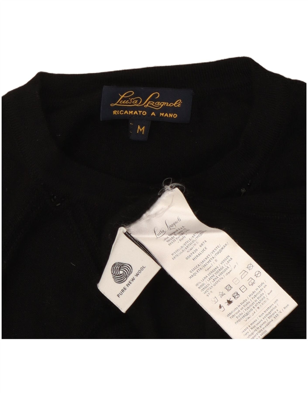 Luisa Spagnoli Damen Strickjacke Pullover UK 14 Mittelschwarze geometrische Wolle