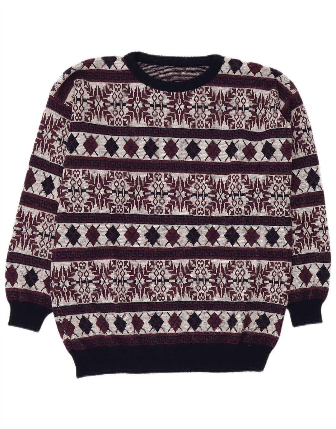 VINTAGE Herren-Pullover mit Rundhalsausschnitt, UK 40, mittleres Burgunderrot, Fair Isle