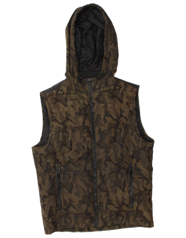 Zara Herren-Weste mit Kapuze, gepolstert, UK 38, Mittel-Khaki-Tarnmuster, Polyester