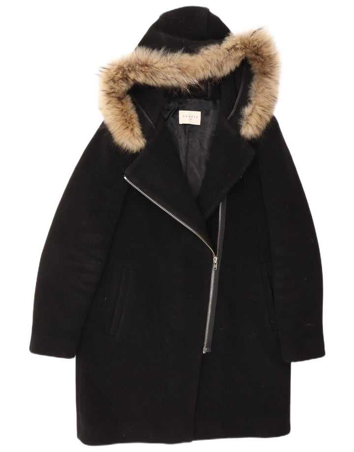 SANDRO Damen-Mantel mit Kapuze, EU 40, mittelschwarze Wolle