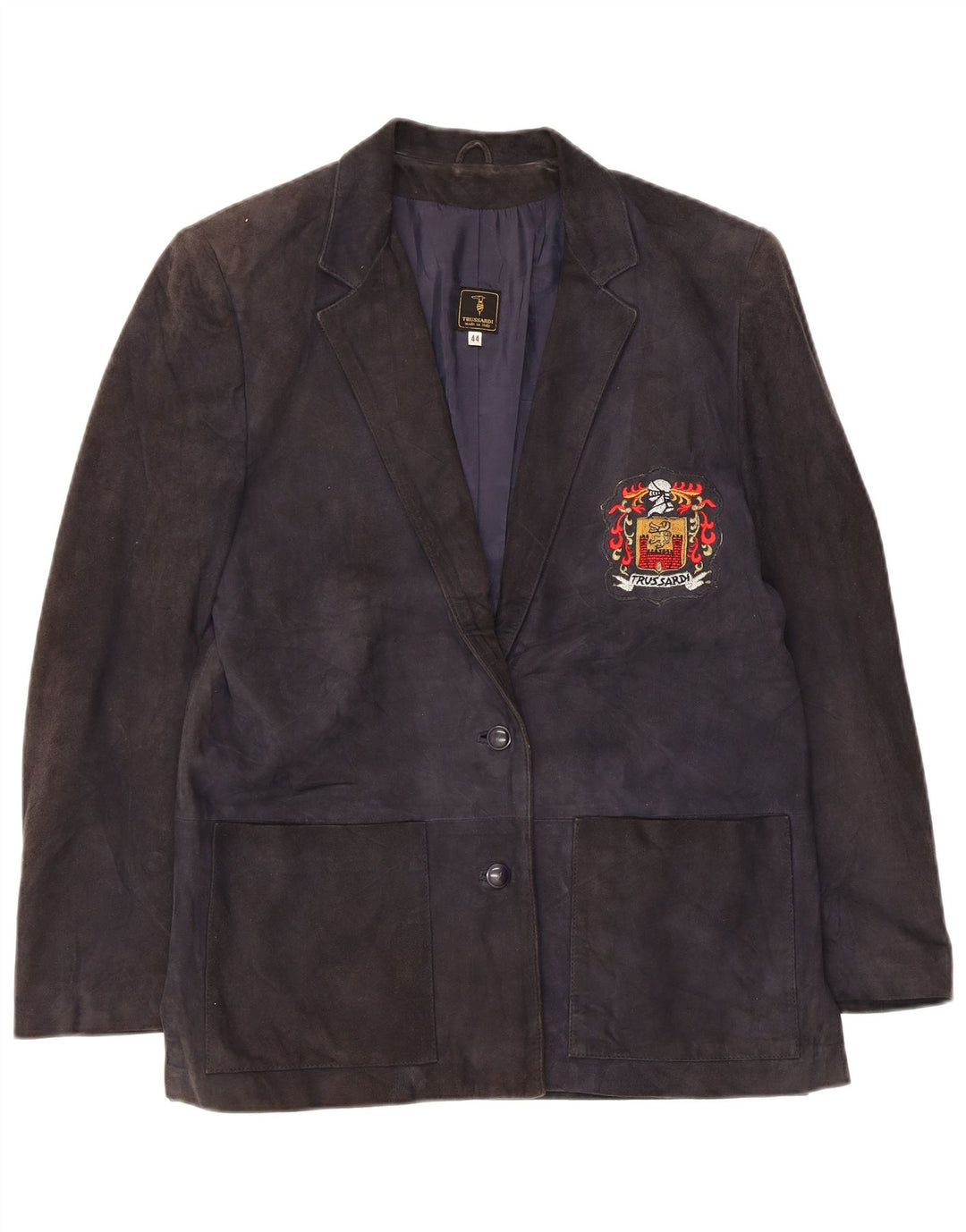 Trussardi Damen-Blazer aus Wildleder mit 2 Knöpfen, Größe IT 44, mittleres Marineblau