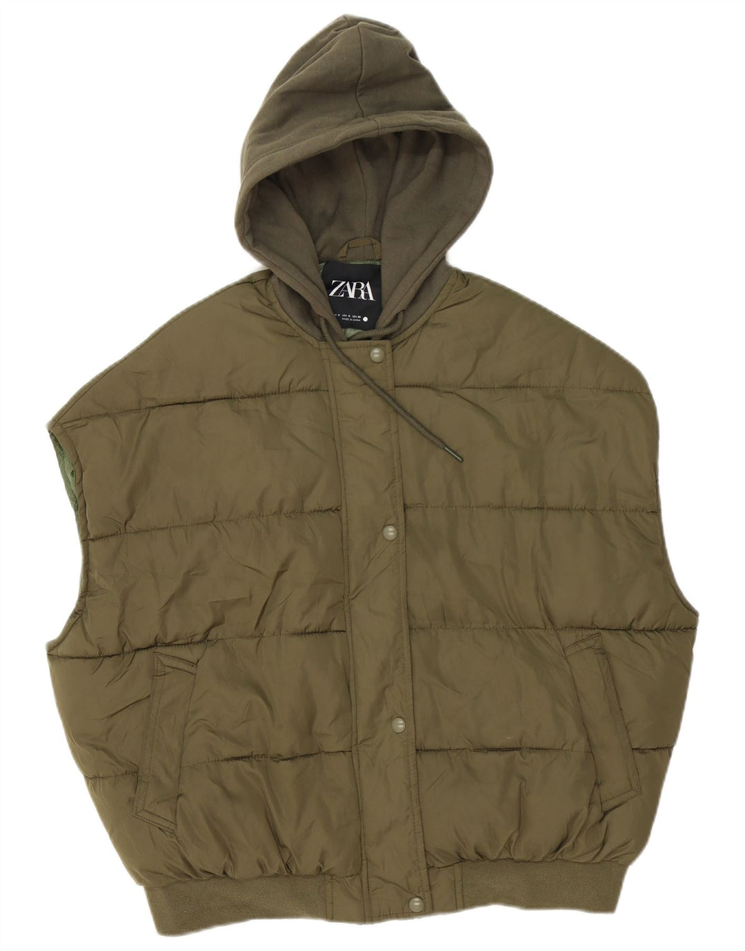Zara Damen-Kapuzen-Übergröße, wattierte Weste, UK 10, Größe S, Khaki, Polyester
