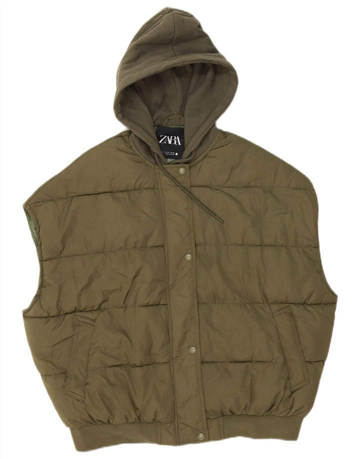 Zara Damen-Kapuzen-Übergröße, wattierte Weste, UK 10, Größe S, Khaki, Polyester