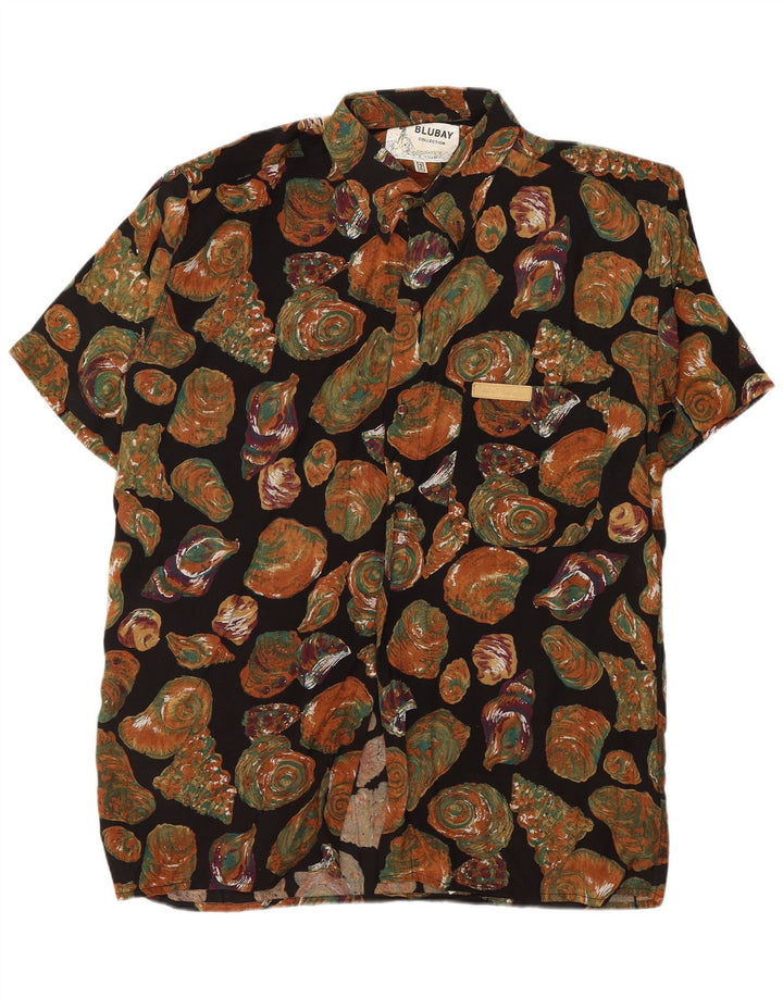 Vintage Herren-Kurzarmhemd mit abstraktem Muster, mittelschwarze Viskose