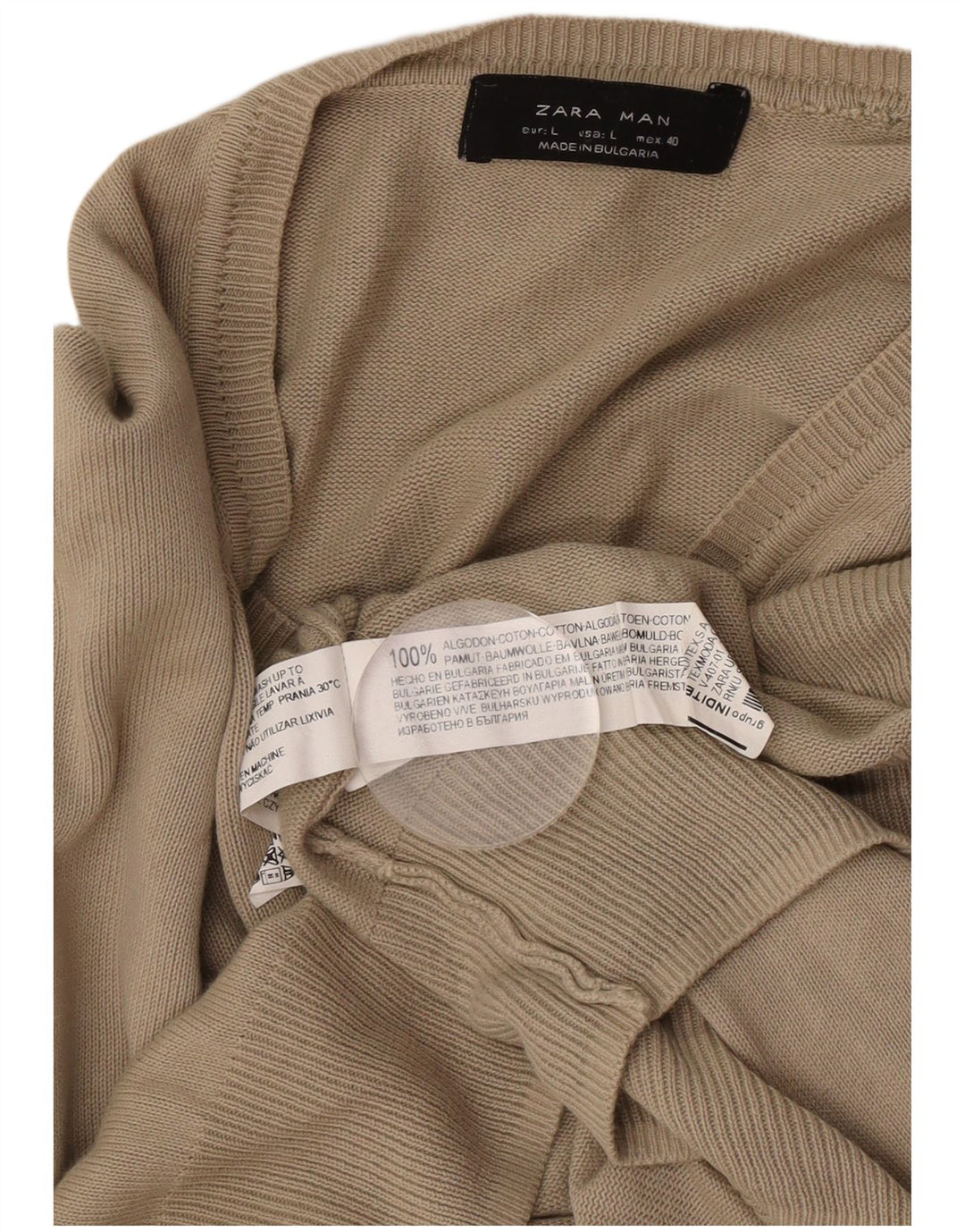 Zara Herren-Pullover mit V-Ausschnitt, groß, braune Baumwolle