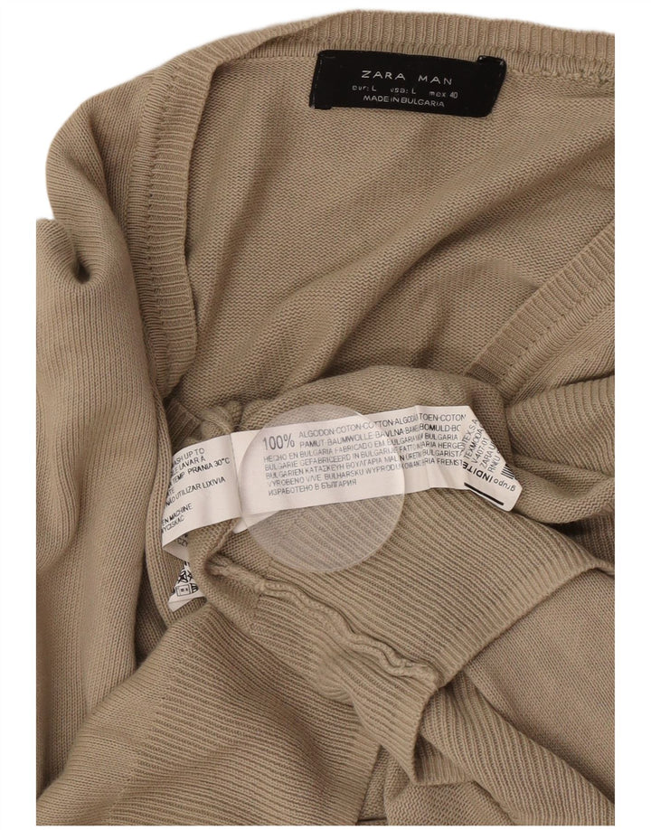 Zara Herren-Pullover mit V-Ausschnitt, groß, braune Baumwolle