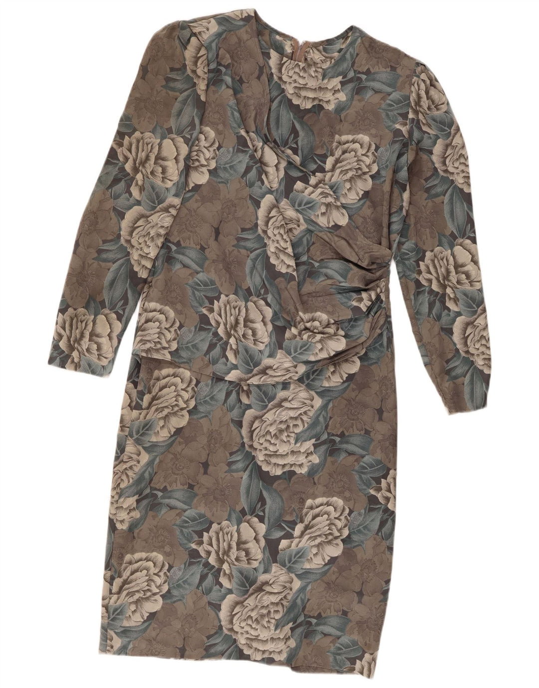 Vintage Damen Langarm-Etuikleid UK 12 Mittelgrau geblümtes Polyester