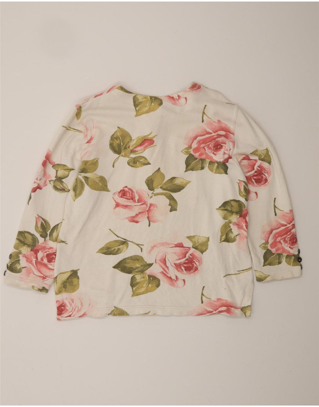 VINTAGE Damen Top Langarm UK 16 Large Off White Floral Cotton