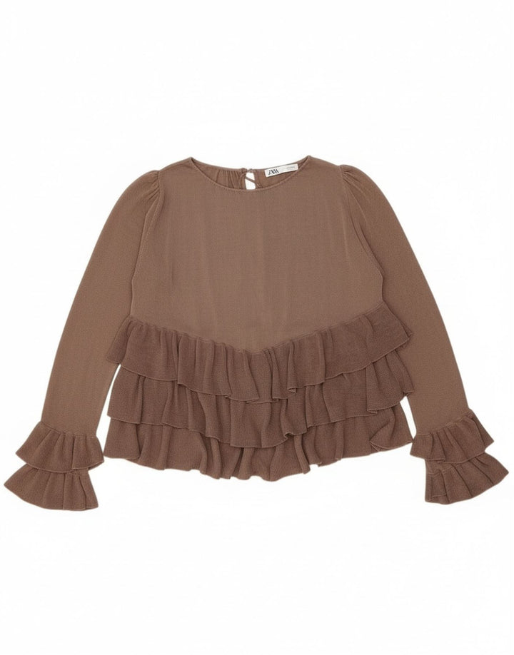 Übergroßes Langarm-Blusenoberteil von Zara für Damen, UK 10, Small, Braun, Farbblock