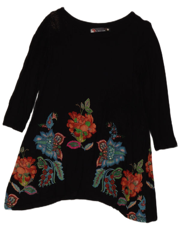 Desigual Damen Langarm-Tunika-Top UK 12 Medium Schwarz Floral Bohemian