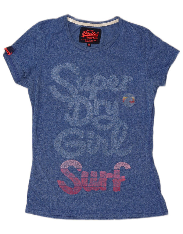 SUPERDRY Grafik-T-Shirt-Oberteil für Damen, UK 12, mittelblau gefleckte Baumwolle