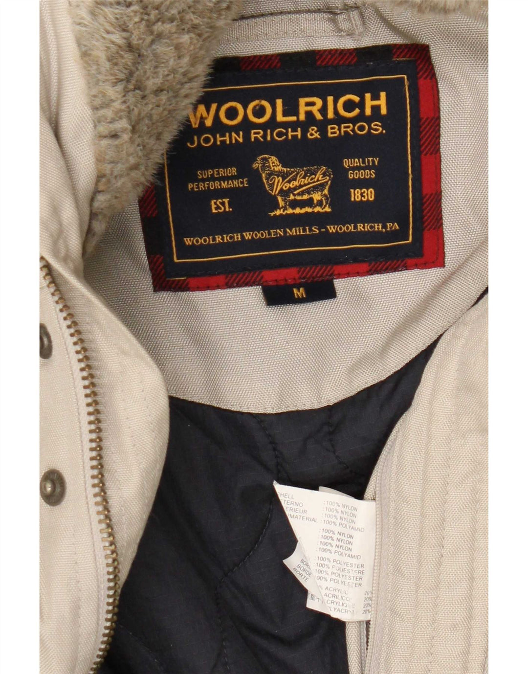 Woolrich Herren-Bomberjacke mit Kapuze, UK 38, mittelbeigefarbenes Nylon
