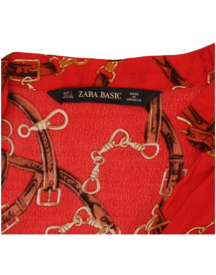 Zara Damen Langarm-Hemdkleid mit abstraktem Muster, UK 16, Größe L, Rot