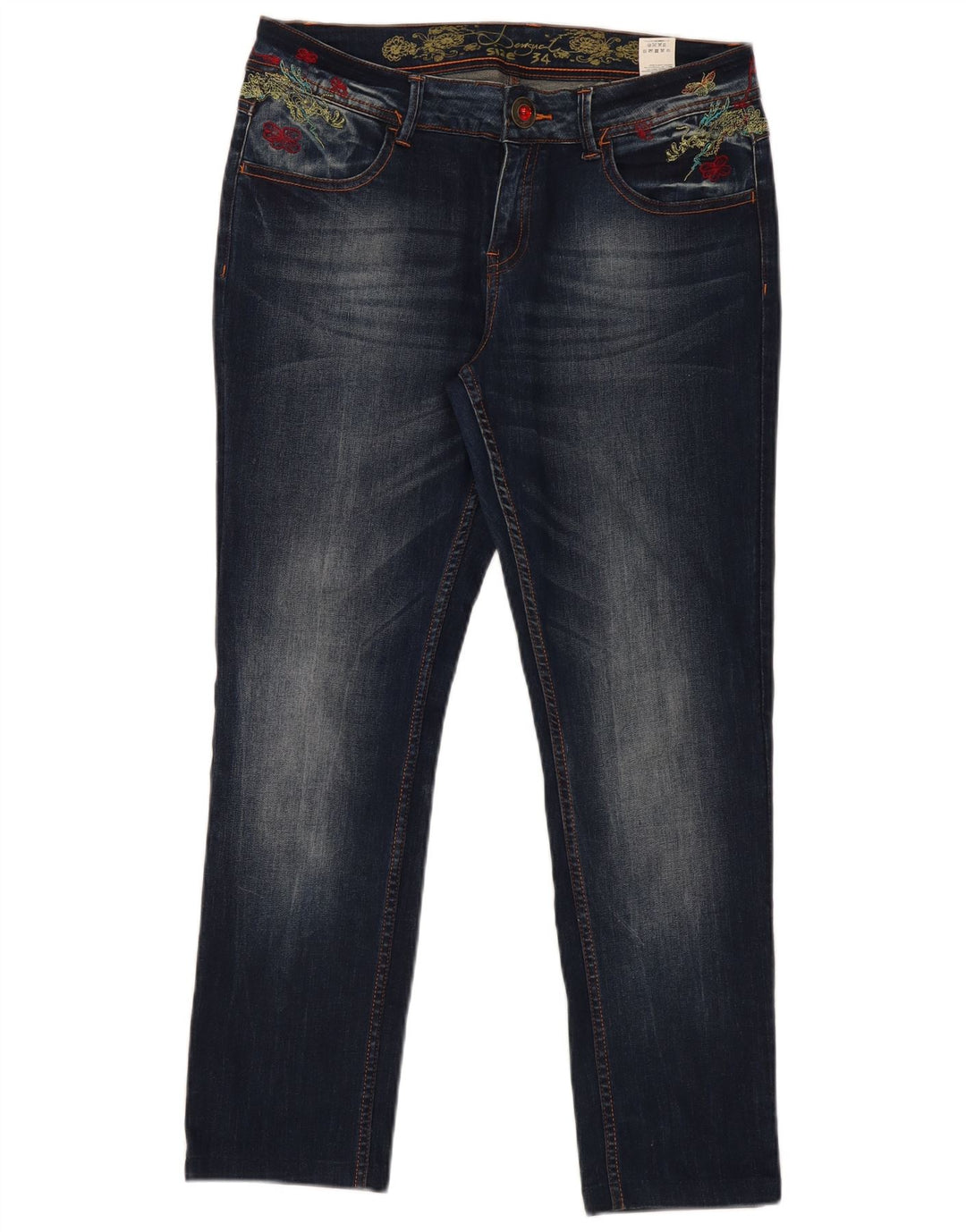 Desigual Damen Graphic Slim Jeans W34 L29 Marineblau Polyester
