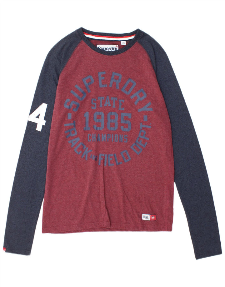 SUPERDRY Mens Graphic Top Long Sleeve Medium Maroon Colourblock Cotton