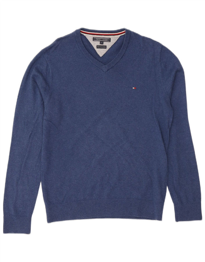 Tommy Hilfiger Herren-Pullover mit V-Ausschnitt aus mittelblauer Baumwolle