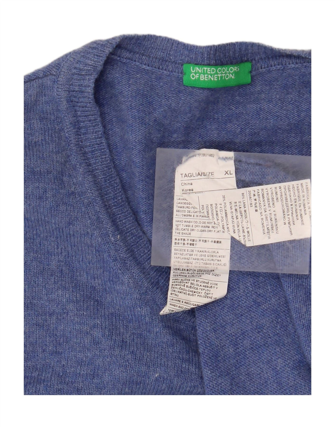 BENETTON Herren-Pullover mit Rundhalsausschnitt, XL, blaue Wolle