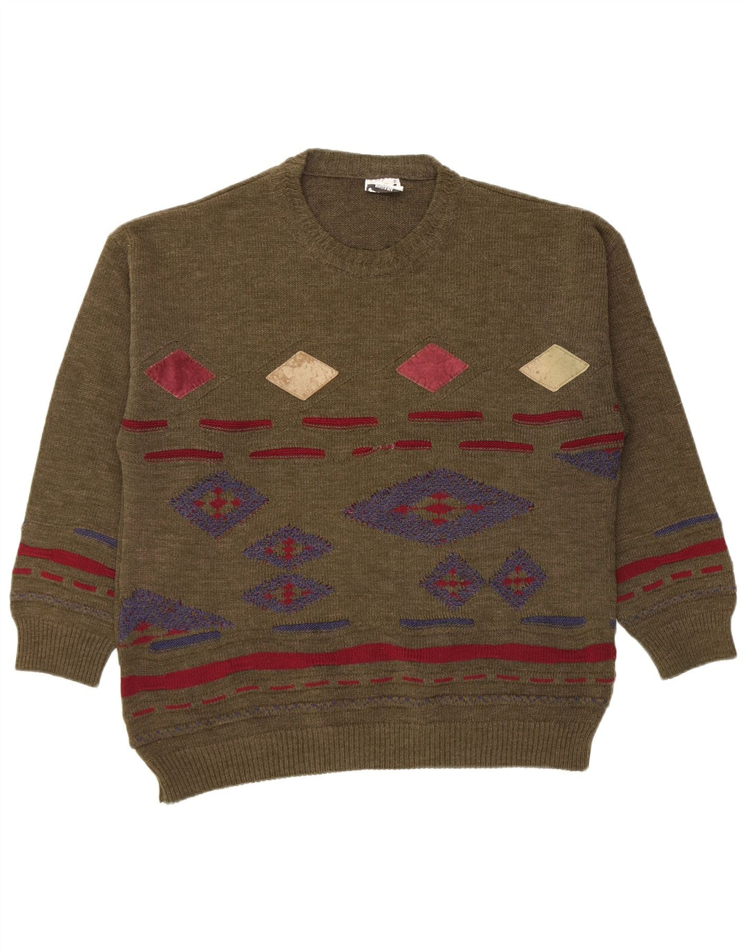 Vintage Herren Rundhalspullover Pullover Medium Khaki Argyle/Diamant