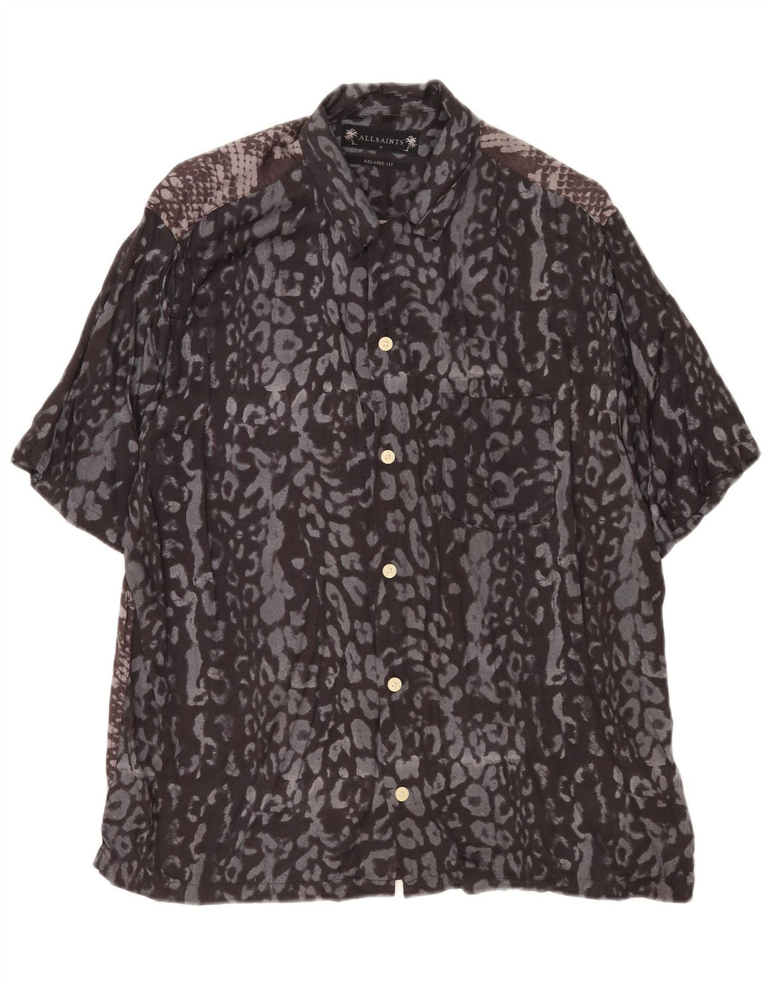 All Saints Herren-Kurzarmhemd mit Animal-Print in mittlerem Marineblau