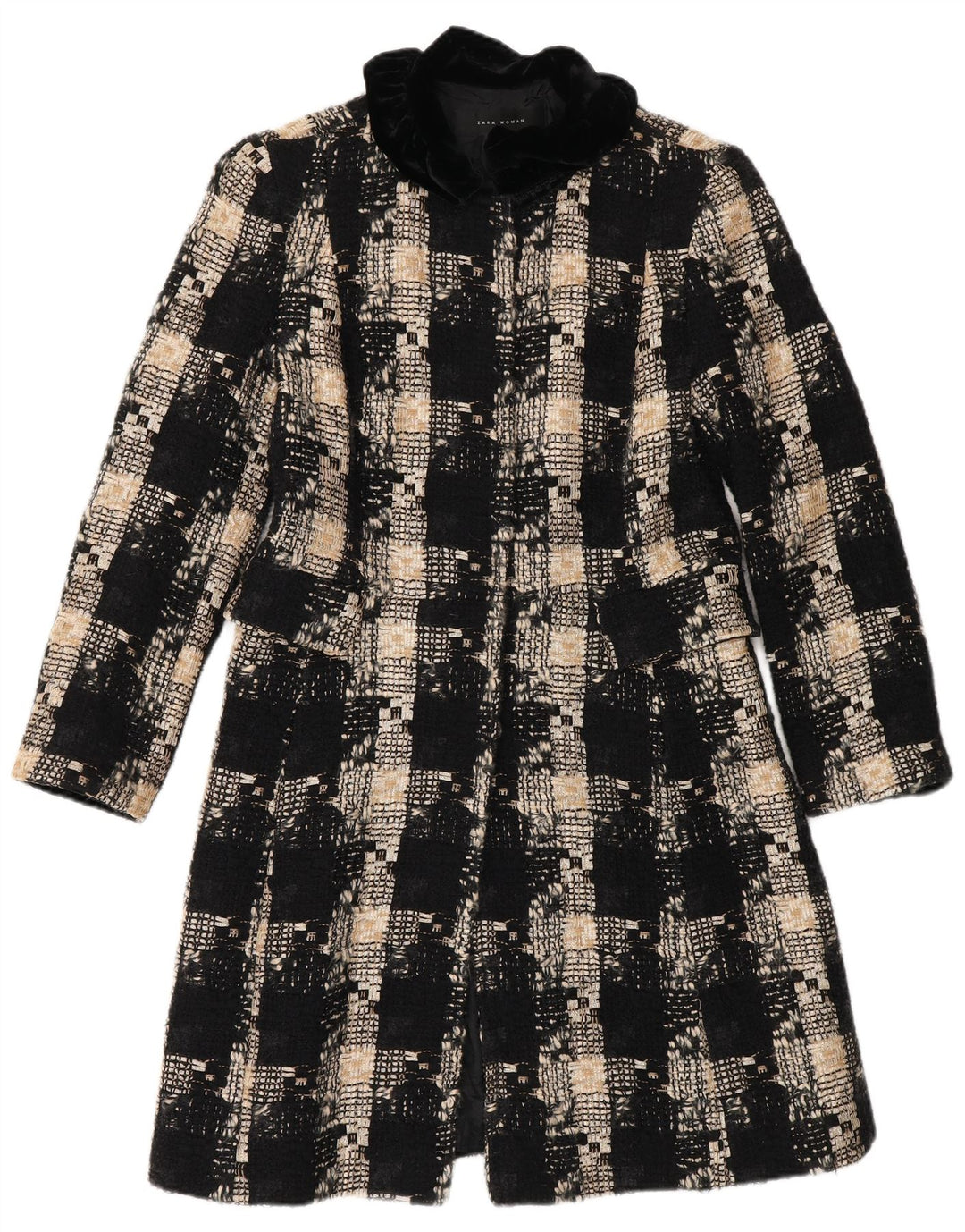 Zara Damen Mantel UK 12 Mittelschwarz karierte Wolle