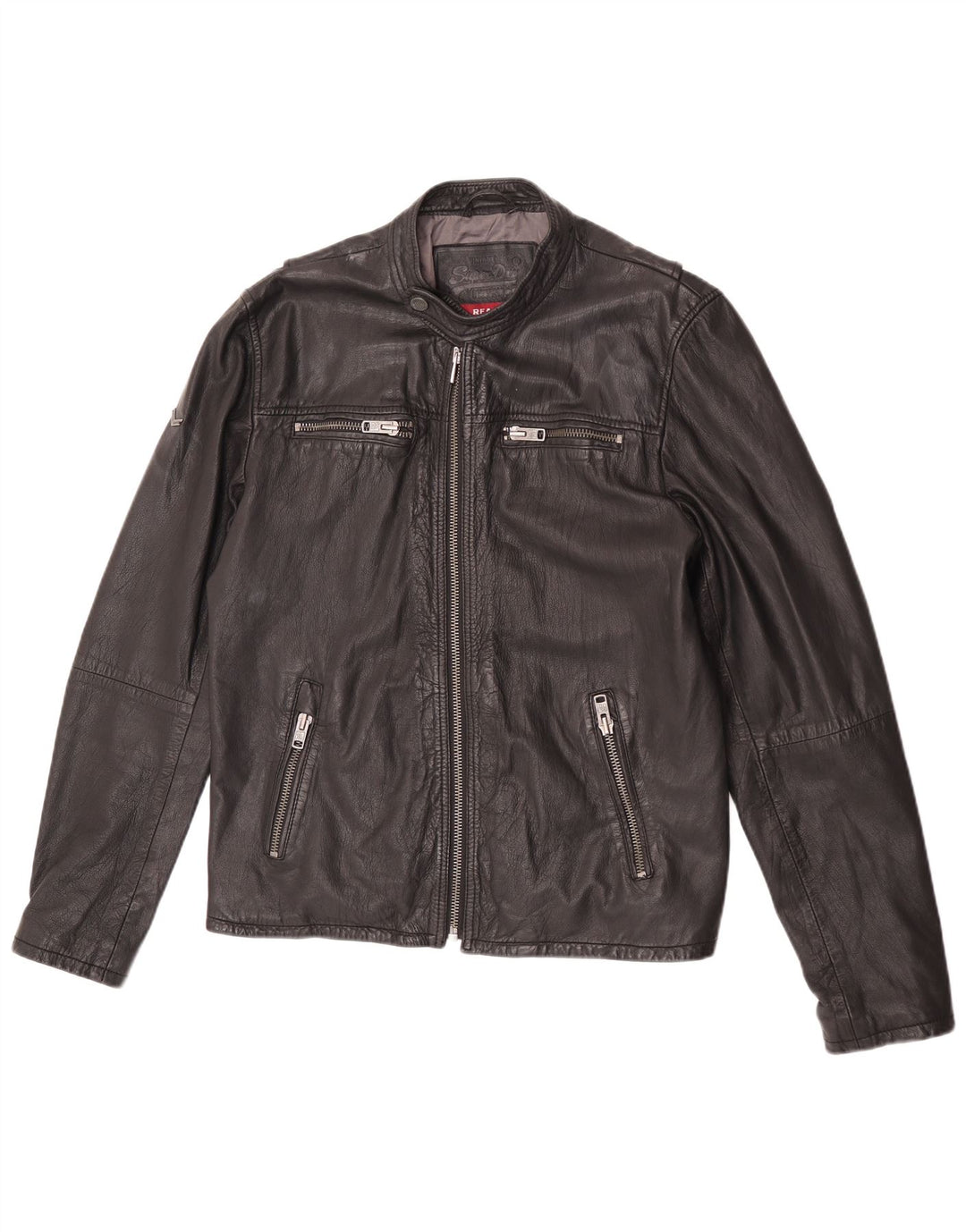 Superdry Damen Leder Racer Jacke UK 18 XL Schwarzes Leder