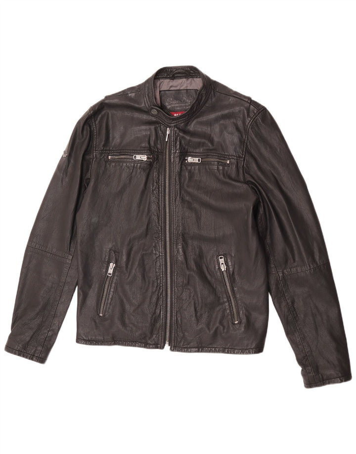 Superdry Damen Leder Racer Jacke UK 18 XL Schwarzes Leder