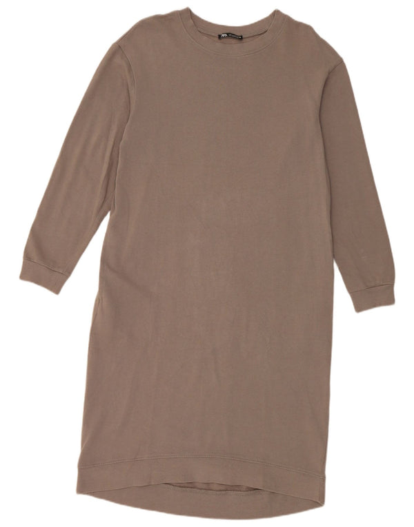 Zara Damen Langarm-Pulloverkleid UK 10 Small Graue Baumwolle