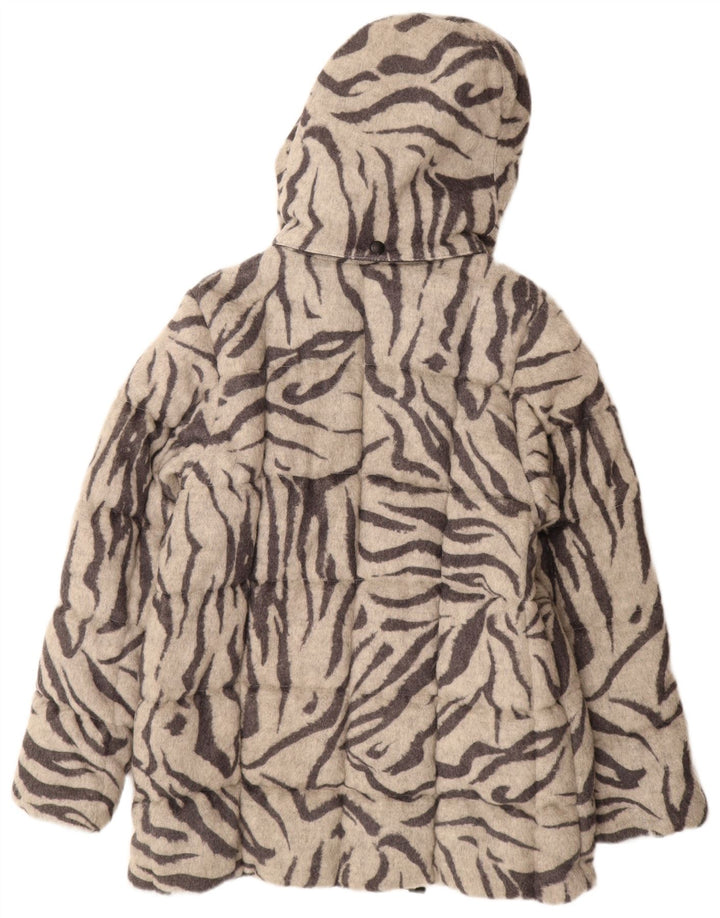Luhta Wattierter Damenmantel mit Kapuze, UK 12, mittelgraue Wolle mit Animal-Print