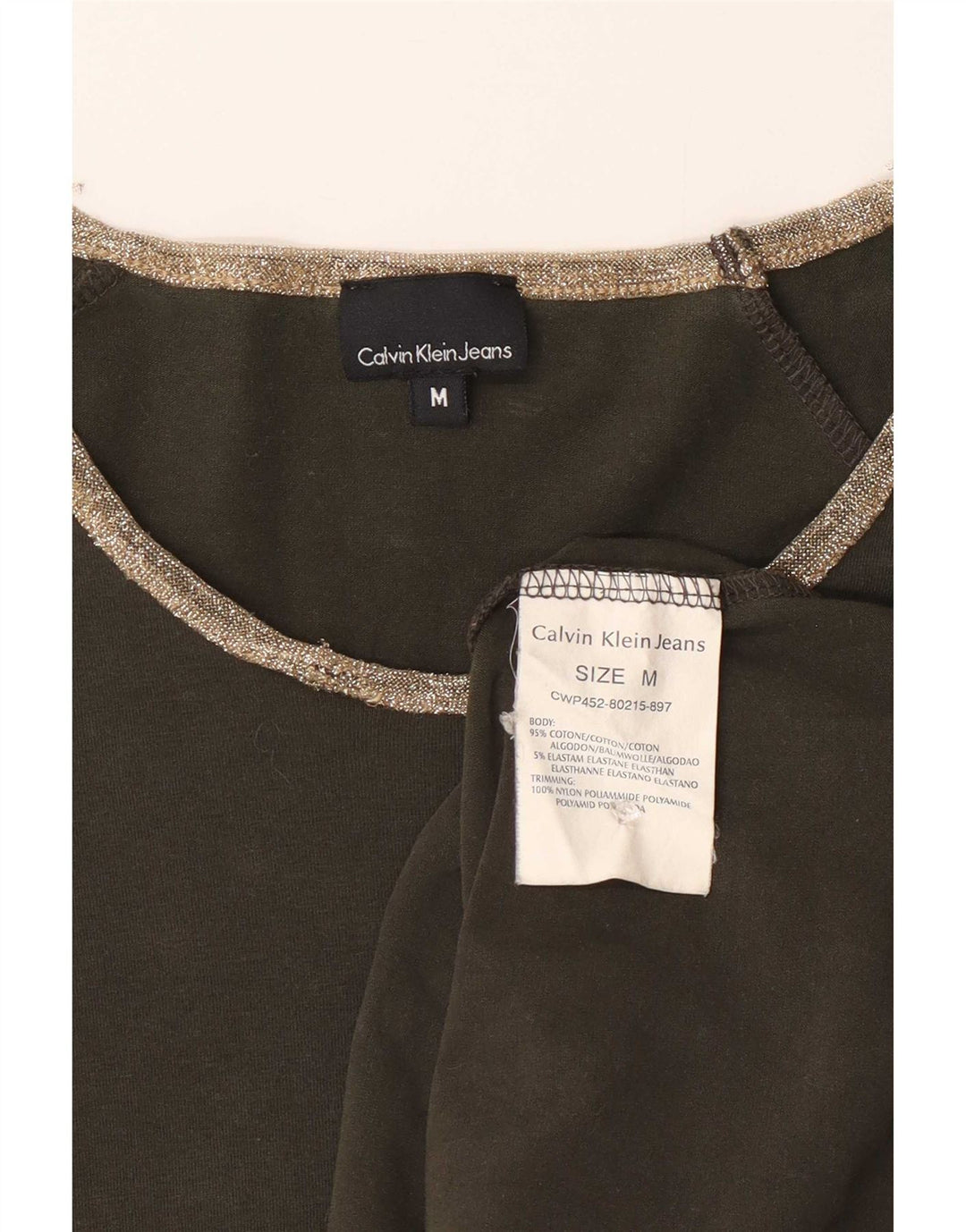 Calvin Klein Jeans Damen Top Langarm UK 12 Medium Khaki Baumwolle