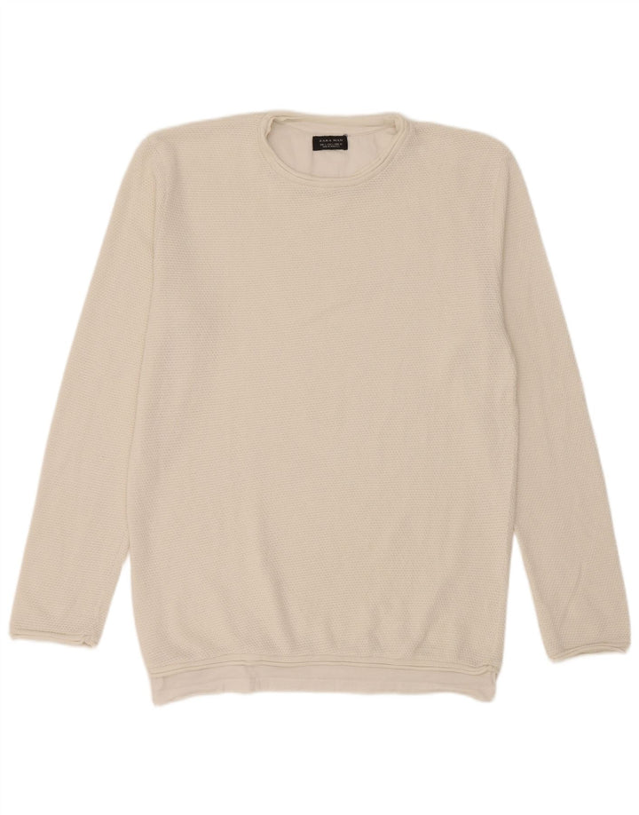 Zara Herren-Pullover mit Rundhalsausschnitt, Größe L, Weiß