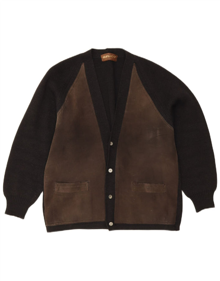 Anfor Herren-Strickjacke aus Wildleder, EU 48, Mittelschwarzes Farbblock-Wildleder