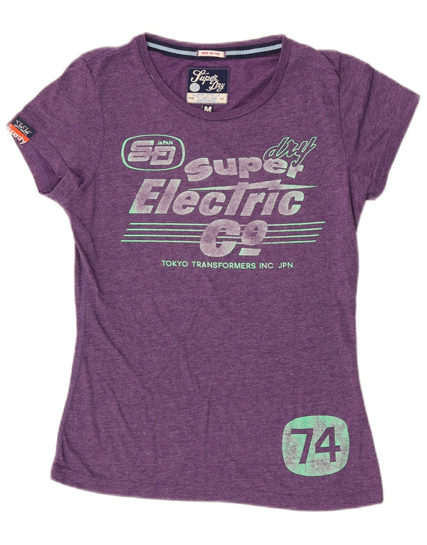 Superdry Grafik-T-Shirt-Oberteil für Damen, UK 12, mittelviolette gefleckte Baumwolle