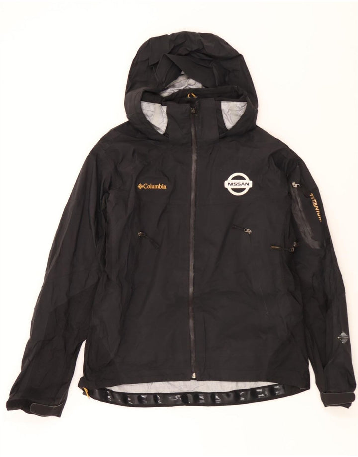 COLUMBIA Womens Graphic Hooded Rain Jacket UK 14 Medium Black Nylon Vintage Columbia and Second-Hand Columbia from Messina Hembry 