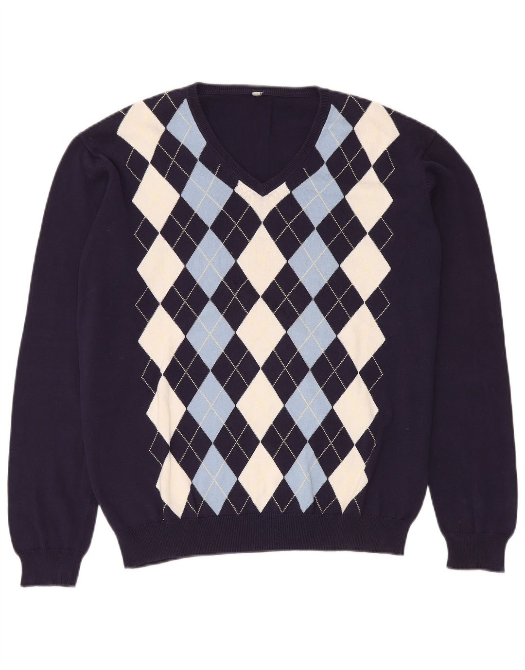 VINTAGE Herren-Pullover mit V-Ausschnitt, mittlere marineblaue Argyle-/Diamant-Baumwolle