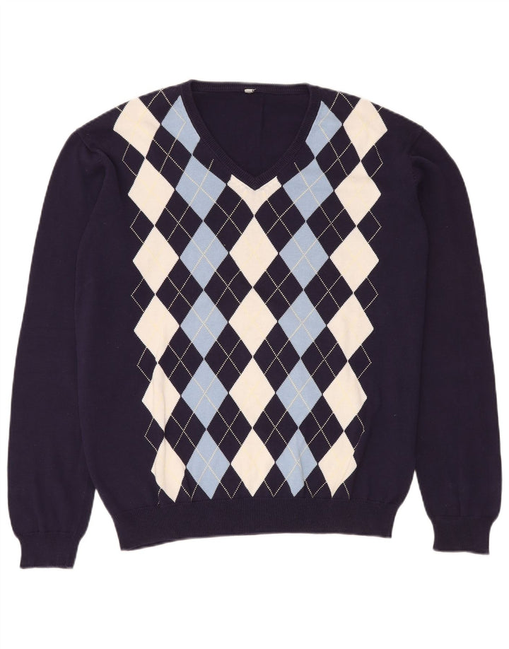 VINTAGE Herren-Pullover mit V-Ausschnitt, mittlere marineblaue Argyle-/Diamant-Baumwolle
