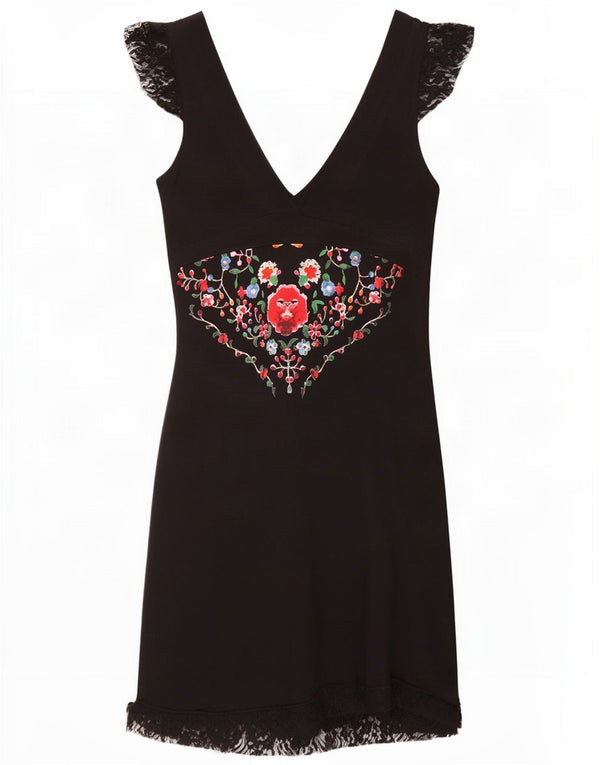 Desigual Damen Grafik-A-Linien-Kleid UK 18 XL Schwarz geblümt