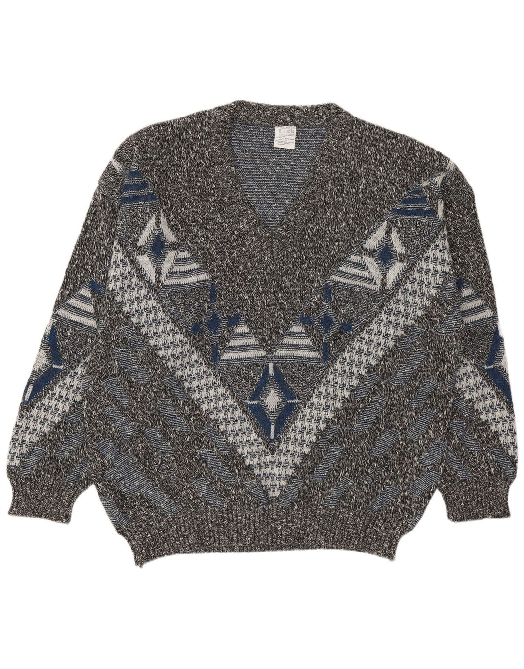 VINTAGE Herren V-Ausschnitt Pullover Pullover UK 46/48 2XL Mehrfarbig Geometrisch