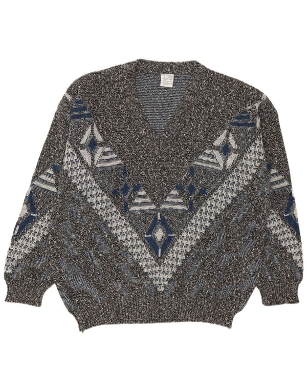 VINTAGE Herren V-Ausschnitt Pullover Pullover UK 46/48 2XL Mehrfarbig Geometrisch